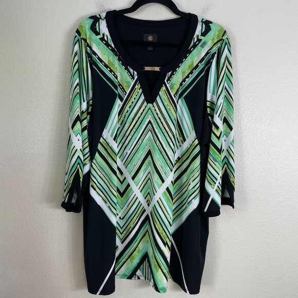 Jm Collection Womens Plus 3X Green Black Geometric Stretch Tunic Top 3/4 Sleeve - Picture 7 of 11